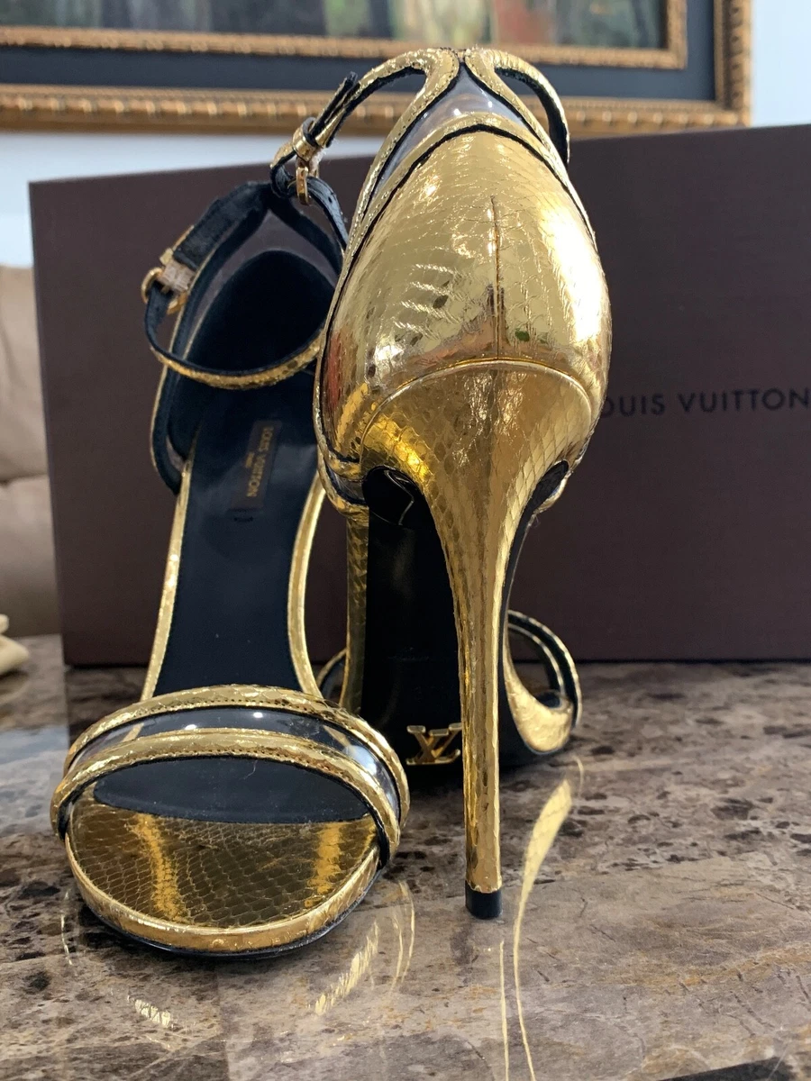 Sexy Louis Vuitton Gold Python Heel Sandals Size: 37 1/2