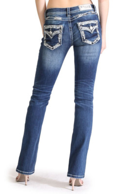 Grace in LA Women Bootcut Jeans Mid Rise Easy Fit Distressed Aztec Faux Flap 