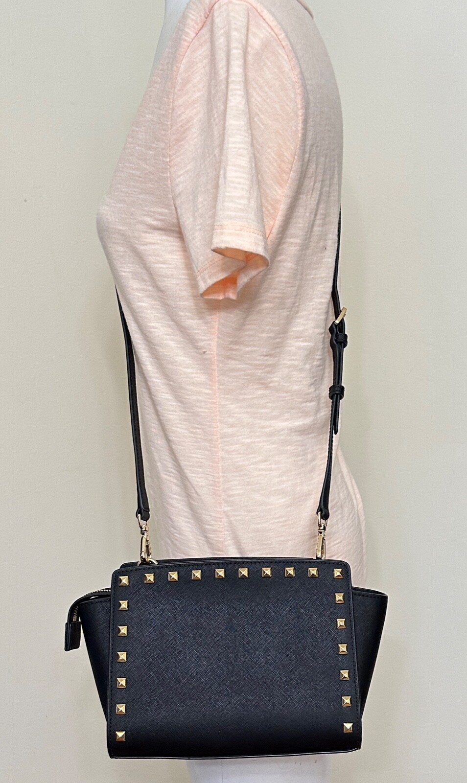 Michael Kors Selma Stud Medium Black Saffiano Leather Messenger Bag