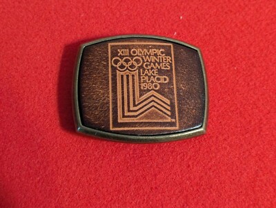VINTAGE 1980 LAKE PLACID WINTER OLYMPIC GAMES LEATHER & BRASS BELT BUCKLE EL CID