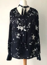 Nine Savannah Miller Top Women's Star Print Tie Neck Celestial Navy Blouse UK 12