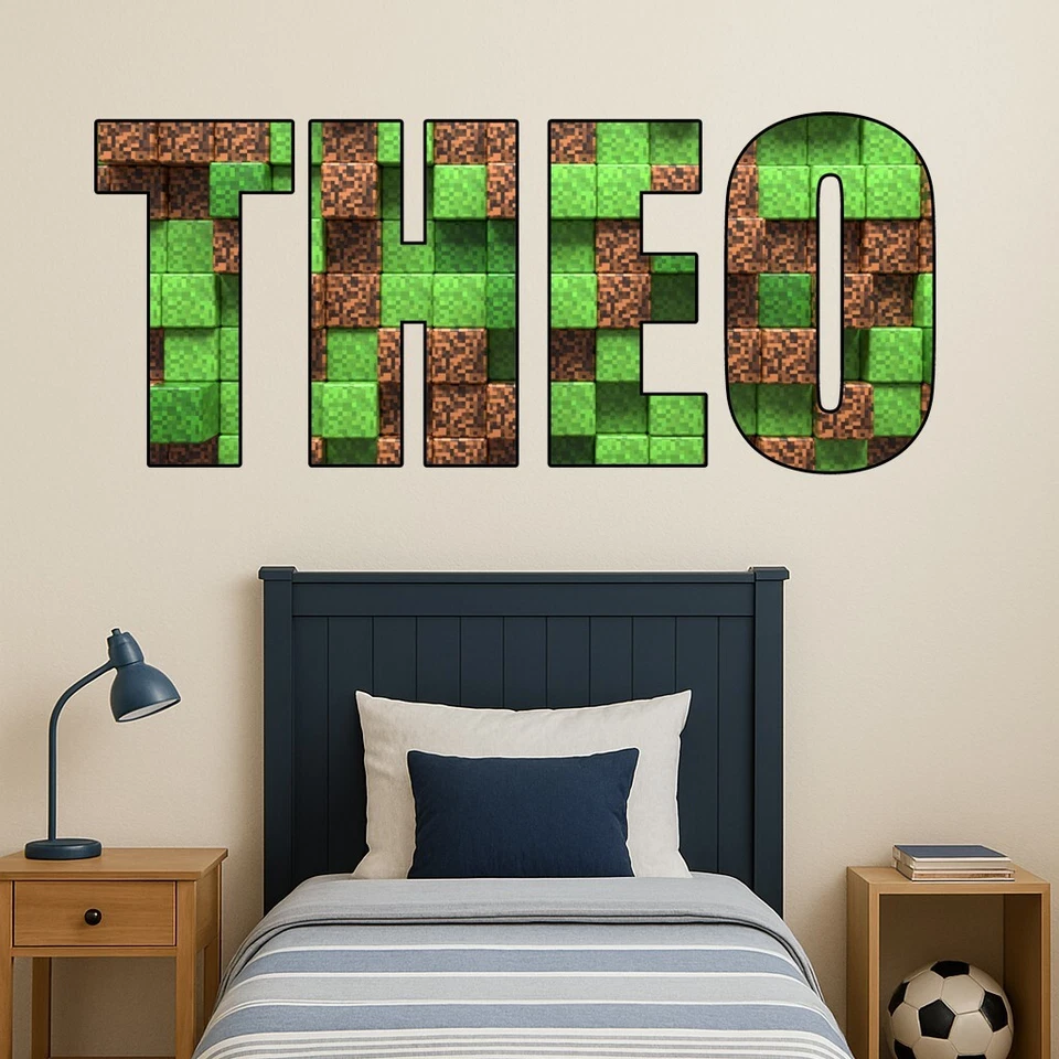 Kids Personalised Name Sticker MINE Bedroom Wall Decal MINING CRAFT Boys Girls - Image 2 of 4