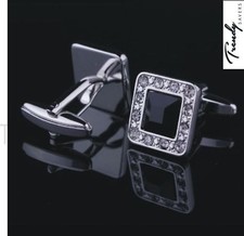 QUALITY MEN'S SILVER BLACK/BLUE CRYSTAL SQUARE CUFFLINKS WEDDING CUFF LINKS  