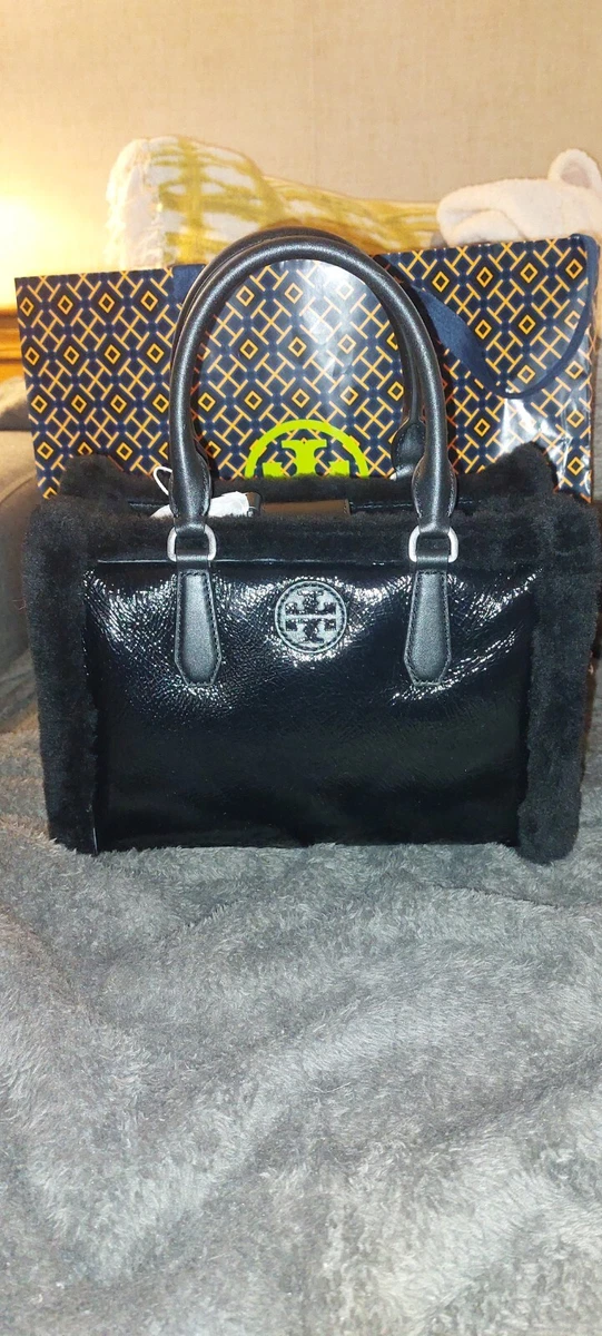 Tory Burch Blake Patent Leather Shearling Small Tote Crossbody In Black