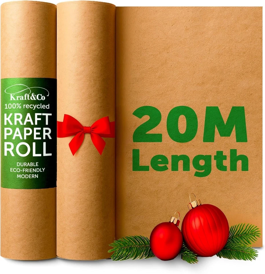 Kraft & Co Recycled Kraft Wrapping Paper Roll – 80gsm Durable Tear-Resistant