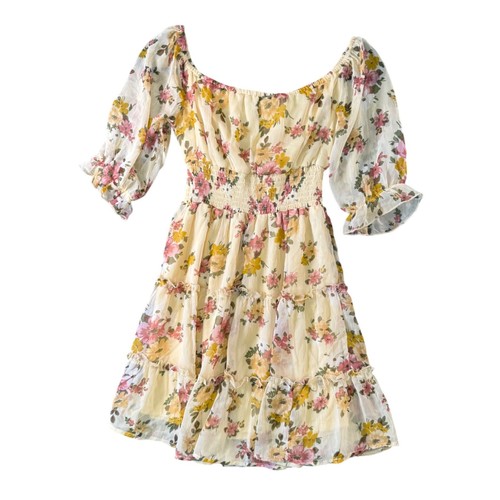 Hint of Blush Yellow Floral Smocked Off Shoulder Ruffle Dress S Romanticcore - Picture 2 of 8