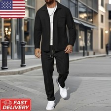 Men  s Business Casual Two Piece Set Spring Autumn Waffle Zip Jacket Shirt Coat