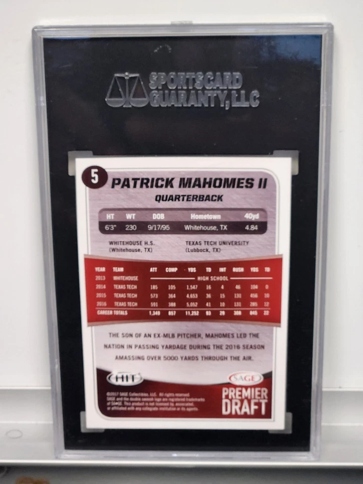 2017 Sage Hit - Patrick Mahomes II #5 (RC) SGC 10 - Image 2 of 2