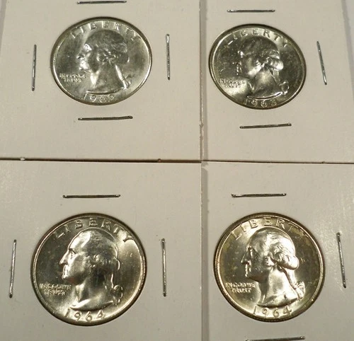 LOT OF 4 BU WASHINGTON QUARTERS 1962P 1963D 1964P 1964D 0.7233 oz SILVER 25c