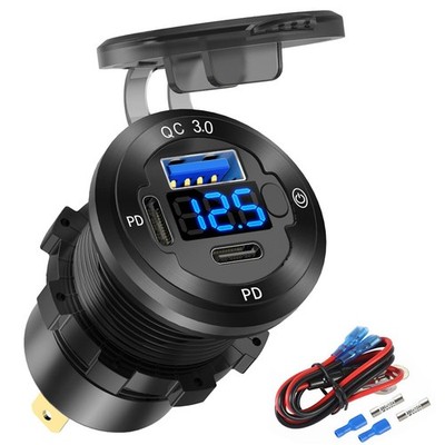 12V USB Car Socket Round USB C 12V Outlet, 3-Port Marine Fast Charger Waterpr...