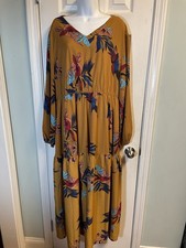 SHEIN Curve 3XL Floral Print Mustard Yellow V Neck Maxi Dress Tie Waist