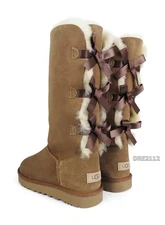 UGG Bailey Bow Tall II Triple Chestnut Suede Fur Boots Womens Size 11 -NIB-
