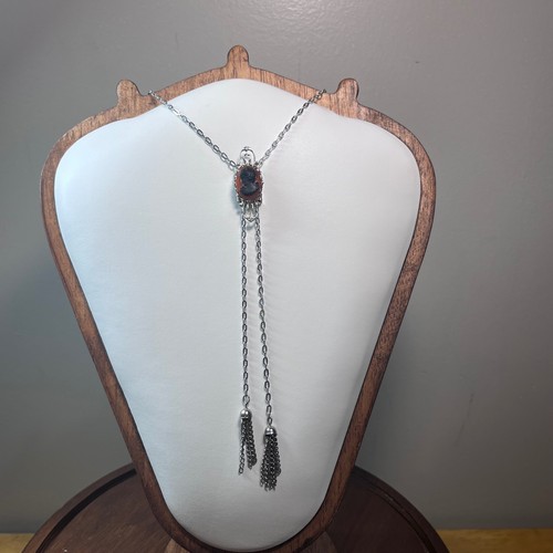 Vtg Silver Tone Black Red Cameo Bolo Necklace Adjustable Slider Tassel 32 Inch