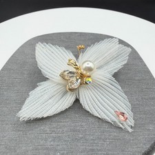 White Fabric Butterfly Hair Accessory Faux Pearl Rhinestone Gold Tone Bridal
