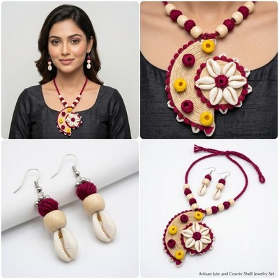 Ethnic Handmade Choker Necklace Set Jute Flower Cowrie Shell Maroon Boho Jewelry