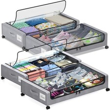 Under Bed Storage with Wheels, 4 Pack Under Bed Storage Containers with Divid...