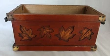 Vintage FTD Floral Fall Centerpiece Box Wood & Brass Carved Maple Leaves Handles