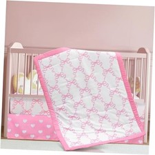 3 Pcs Baby Girls Crib Bedding Set Coquette Pink Bow Baby Bedding Set for Girls