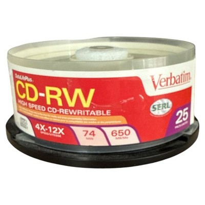 Verbatim CD RW 25 Pack 700MB 80 Min 4X 12X Rewritable Discs Sealed New Spindle