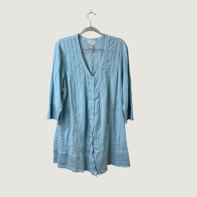 Soft Surroundings Blue 100% Cotton Embroidered Lace Tunic Top Boho Coastal XL