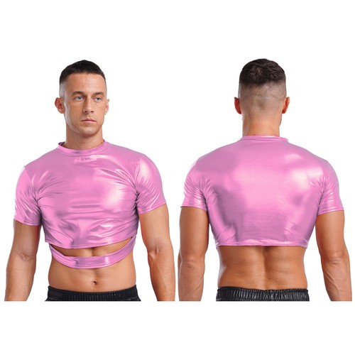 Mens Crop Top Stage Performance Tank Disco T-Shirt Short Sleeve Clubwear Basic - Picture 35 of 66