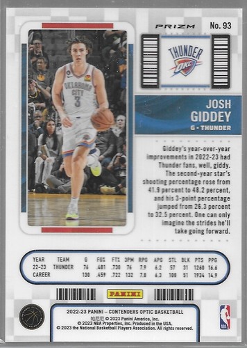 2022-23 Panini Contenders Optic Josh Giddey #93 Season Ticket Prizm Red OKC - Bild 2 von 4