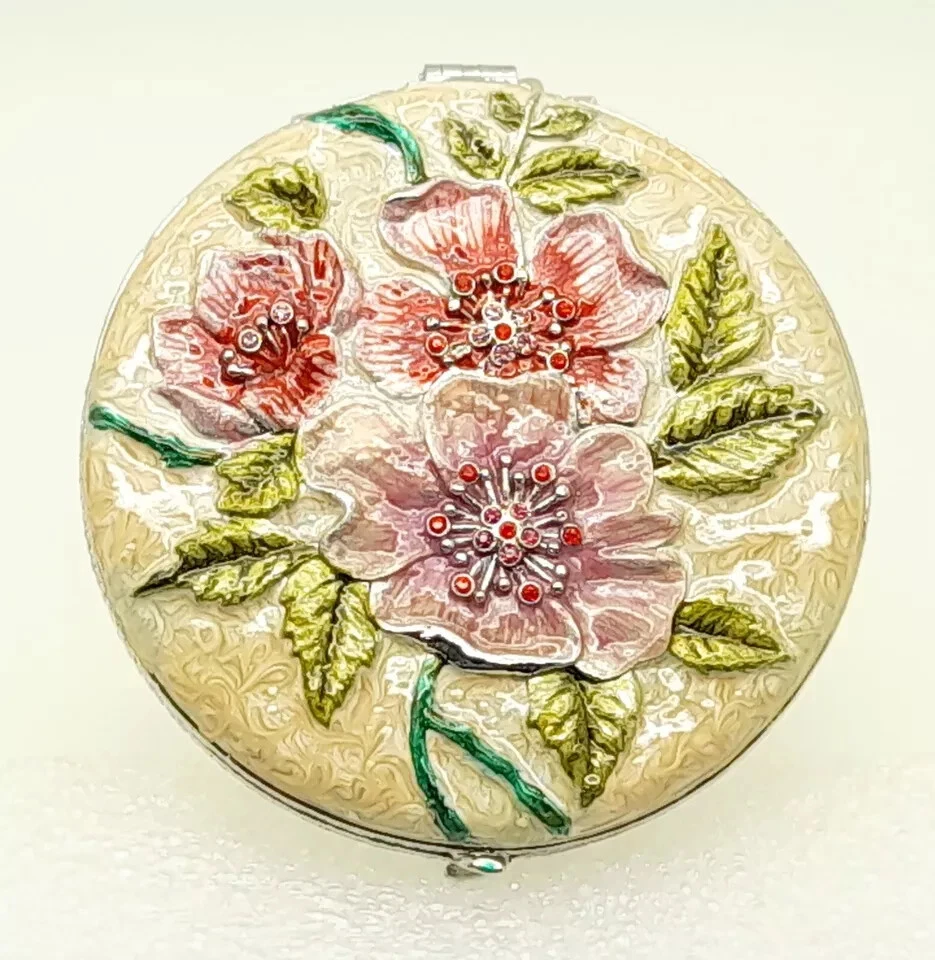  Dual Compact Purse Mirror Colorful Pink Flower Round style white Cream base - Image 3 of 4