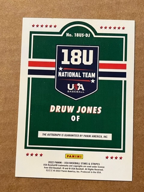 DRUW JONES 2022 Stars & Stripes USA Baseball Black Ink AUTO