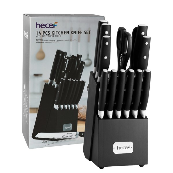 Profi Messerblock Messerset 14 Teilig Edelstahl KüChenmesser Set Mit Holzblock-image