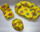Vintage 90s Maui Toys 3 pc Mod Doll Furniture Yellow w/ Flowers Couch, Bean Bag