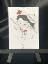 Original ACEO Devil Nurse Medium Ink Line Art Marker on Paper Signed By Artist