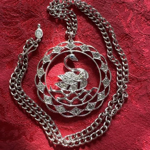Vintage Sarah Coventry Swan Lake Pendant Necklace Costume Jewelry Rhinestones