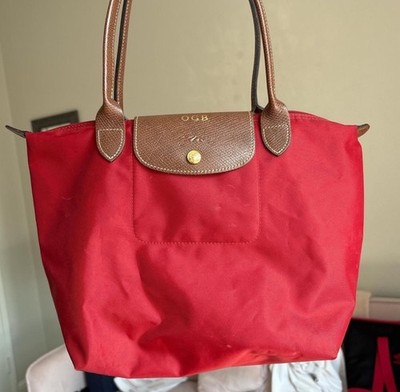 Longchamp Red Tote Bag Brown Leather Handles Gold-Tone Hardware Lightweight