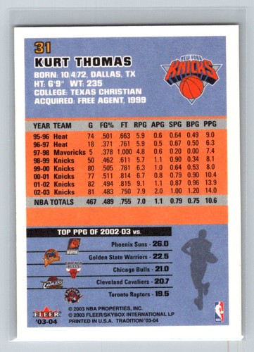2003-04 Fleer Tradition #31 Kurt Thomas New York Knicks Basketball Card - Picture 2 of 2