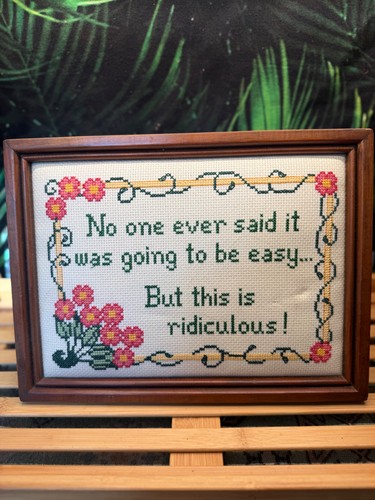 Vintage Framed Cross Stitch Funny Quote Ridiculous Floral Needlepoint Wall Art