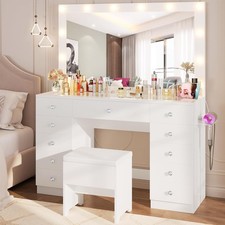 White Makeup Vanity Desk with Lighted Mirror & Stool, 9 Drawers, New
