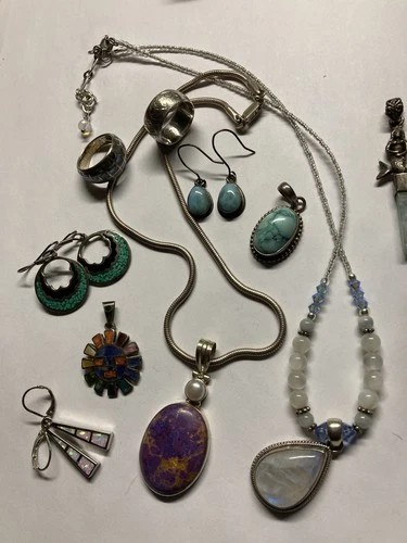 Lot Vintage Sterling Silver Jewelry Earring Necklace Ring Turquoise Moonstone +