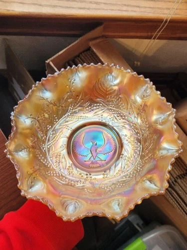 Super Crown Crystal Carnival Glass Marigold Australian Shrike Large Bowl