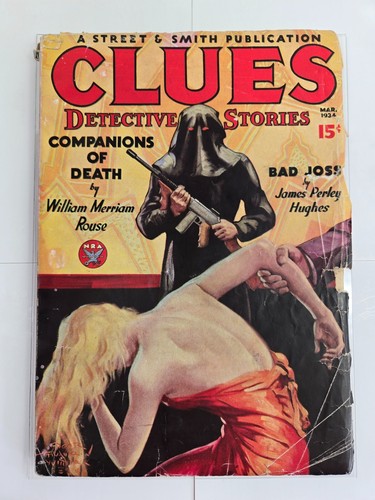 Revista Pulp Clues Detective Stories Mar 1934 Compañeros de la Muerte Amenaza con Capucha