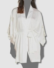 252 Natori Women's White Solid Chantilly Lace Wrap Kimono Satin Robe Size L