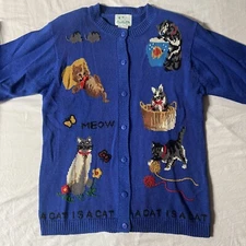 Vintage Quacker Factory Cat Cardigan Sweater Size S Embroidered 90s Kitty 3D 