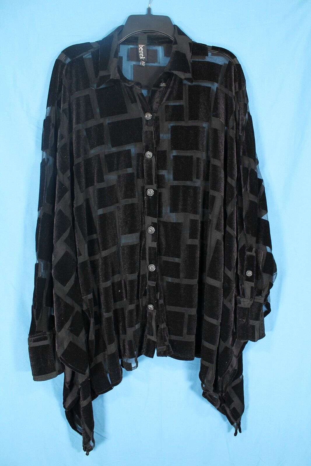 Berek Black Velvet Burn-Out Square Asymmetric Hem Button Blouse Tunic S/M