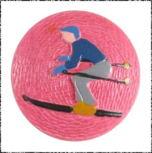 Vintage Wood Button, Pressed & Painted Skier