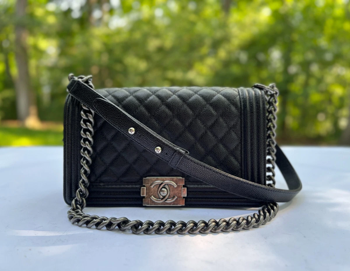 Authentic Chanel Caviar Leather Boy Medium in Black Crossbody