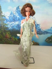 Vintage Barbie Gown w/ Satin Bow, Pearl Beads & Flowers Green Brocade, Factory?