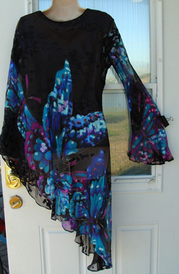 unique women's M/L black sheer asymmetrical tunic with colorful butterflies