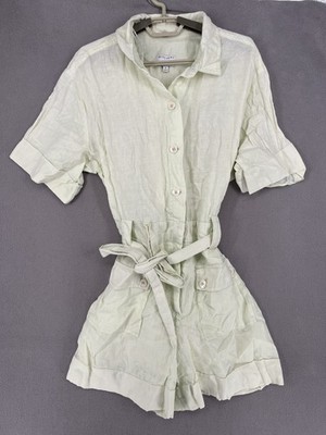Witchery Playsuit Womens 12 Green Linen Belted Collared Button Romper Shirt