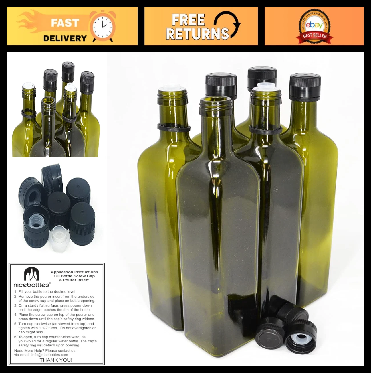 "750ml Olive Oil Bottles with Cap & Pourer Fitment - Green, Set of 6 - Kitchen S