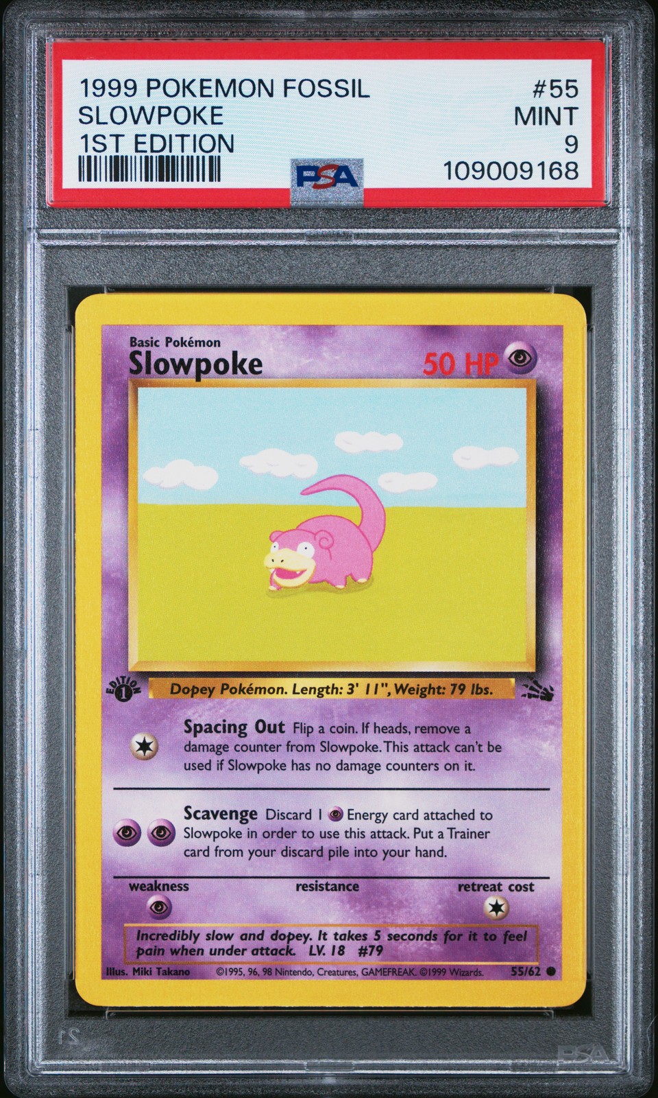 1999 POKEMON FOSSIL 1ST ED #55 SLOWPOKE PSA 9