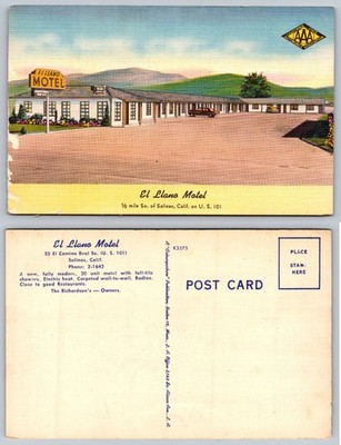 Vintage El Llano Motel Salinas California US 101 Linen Postcard AAA